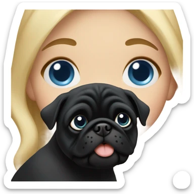 Girl with wavy blonde hair and blue eyes kissing a black pug sticker