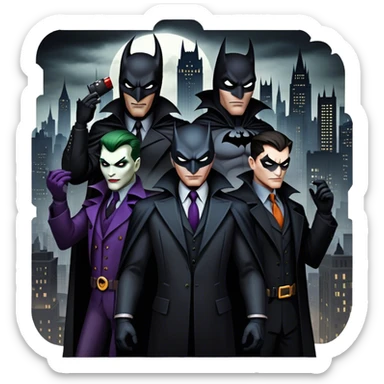 Icon for Thriller Movies: A large, dramatic collage featuring sinister villains in dark clothing. The background shows the gloomy cityscape of Gotham, with dim lighting and eerie shadows. The atmosphere should be tense, mysterious, and suspenseful. Transparent background. sticker