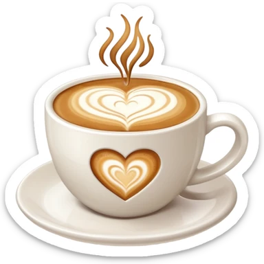 a flat white coffee without a face in a clean white coffee mug having  poured heart with latte on top sticker