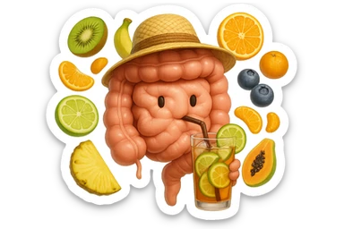 EMOJI STILE IPHONE DI INTESTINO UMANO REALISTICO CON CAPPELLO DI PAGLIA DA SPIAGGIA CHE BEVE UN Tè FREDDO IN BICCHIERE DI VETRO CON DENTRO  fette di cetriolo, limone, lime, DIETRO L'INTESTINO FLUTTUANO PEZZETTI DI Kiwi
Banana acerba
Arance e mandarini
Mirtilli
Ananas
Papaya
IPERREALISTICO 4K sticker