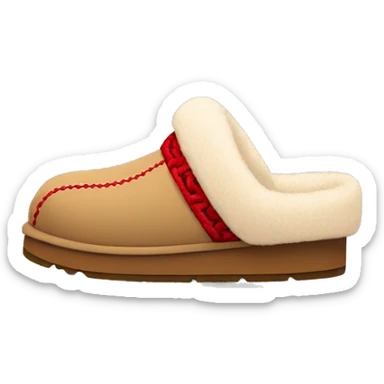 Ugg Camel slip-on slippers. A thin red zig-zag stitch only encircling ankles, VERY chunky platform sole. sticker