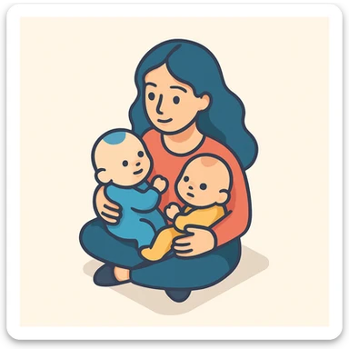 A woman with long wavy hair, large expressive eyes and lips, sitting and hugging two babies, with soft shadows and highlights, in 2D isometric illustration style, inspired by the reference image. sticker