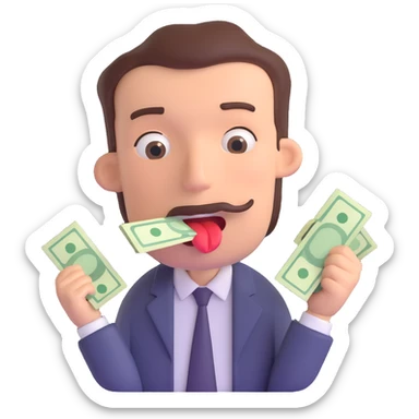 3D emoji style of a man with money stuffed in his mouth sticker