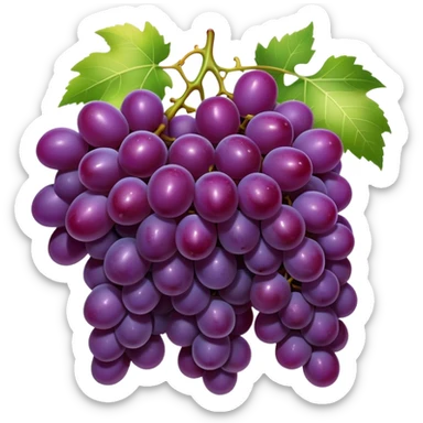 Cinematic Realistic Grapes Emoji, Clustered together in rich purple hues, with smooth, plump skins reflecting light in a glossy, delicate sheen. The stems curve slightly, holding the clusters together like a sweet, natural treasure. Soft glowing outline, capturing the essence of natural sweetness and richness in a bunch of ripe grapes! sticker