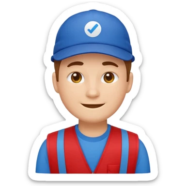 front-facing emoji-style character representing a Lowe’s store associate, flat vector style, clean and minimalist like Apple emojis, wearing a red vest, blue shirt, and blue cap, soft smile, rounded facial features, sticker-like outline, no logos, no text, centered sticker