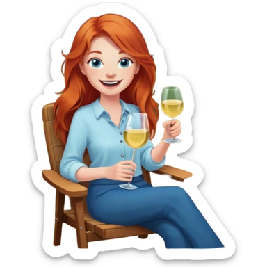 Laughing redhead long hair and blue eyes holding white wine sitting in chair beside fire pit sticker