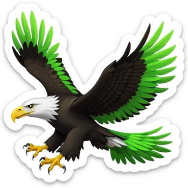 Stylized vector eagle flying sideways, wings spread up. Matte black with neon-green angular feather patterns, fierce face, extended talons. Bold flat sticker style with a thick clean white outline. sticker