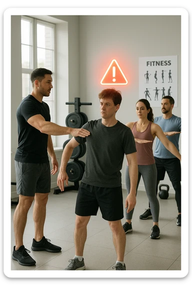 vertical cinematic scene in modern gym, instructor demonstrating postural exercises to small group, glowing red warning icon floating above one participant with visible postural asymmetry such as uneven shoulders or hips, scene communicates standard postural routines may not be appropriate for those with asymmetries, bright airy background with fitness posters and equipment, realistic educational style sticker