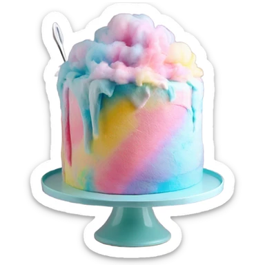 Realistic 5 layered cotton candy color pastel tie dye cake on cake stand with icing tool. sticker