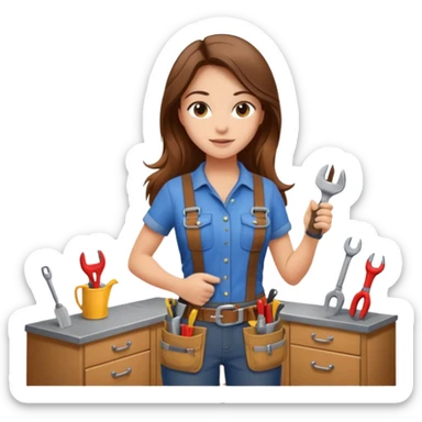 beautiful girl with long brown hair constructing new kitchen cabinets sticker