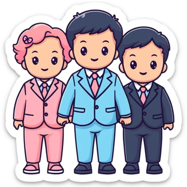 triplet toddlers with two girls in pastel pink clothes on each side and a boy in pastel blue suit in the middle sticker