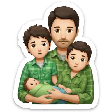 A father with messy medium-length dark hair and light stubble, wearing a green flannel shirt. He holds his one child who has short curly brown hair and a cream-colored romper. Cozy warm lighting, authentic family moment. sticker