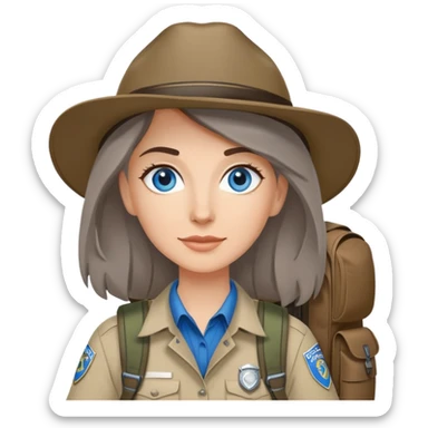 white woman park ranger with blue eyes, brown and gray hair, wearing a backpack sticker