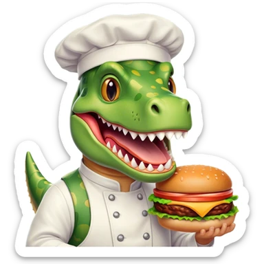 crea un dinosaurio rex alegre, sosteniendo una hamburguesa con el uniforme de chef sticker