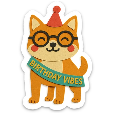 Adjust the Shiba Inu to have a clear 4-leg appearance and make the 'Birthday Vibes' sash thinner in style. Keep the paper-craft style, glasses, party hat, and all other elements the same. sticker