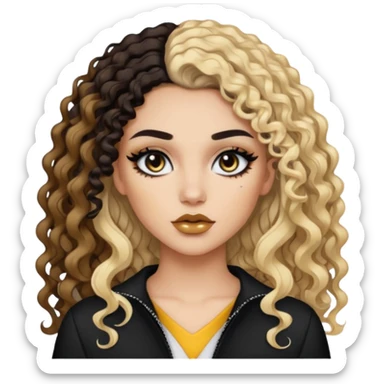 Split dye brunette and blonde, baddie, pretty makeup, black eyeliner, long and curly hair sticker
