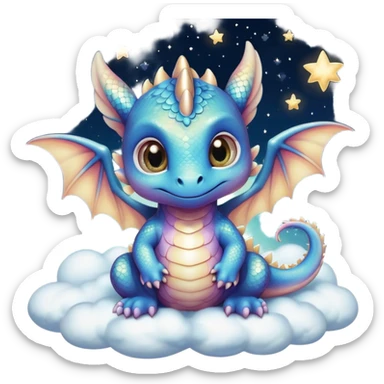 Airbrush painted image of an adorable little baby dragon with large glistening eyes sitting on a cloud under a deep galactic sky with pearlescent scales and wings spread against the stars sticker