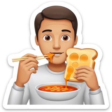 A man eating a grilled cheese sandwich with chopsticks and dipping it in hot sauce sticker