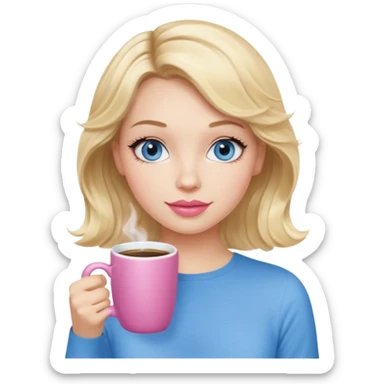 Girl Blonde short wavy hair,  blue eyes, cute blue top, long lashes, pink lips, holding white hot coffee mug sticker