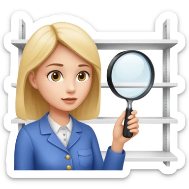 emoji of white empty shelf in perspective view with a woman nearby, she is looking at the shelfs with a magnifying glass sticker