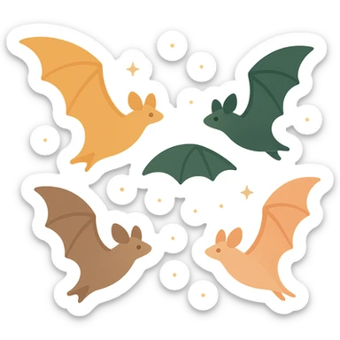 A group of flying bats in mid-air, illustrated in a stylized, artistic way using a warm, earthy color palette: golden orange (FA9B41), deep forest green (4A7C5C), muted taupe brown (96775A), and soft pastel peach (FFCC9A). The bats have sleek wings with subtle color gradients, and their bodies are small and streamlined, featuring elegant silhouettes. The sky around them has a magical, twilight glow with faint sparkles or mist, enhancing the enchanted atmosphere. The overall style is whimsical and soft, with a balance between natural and fantastical elements. sticker