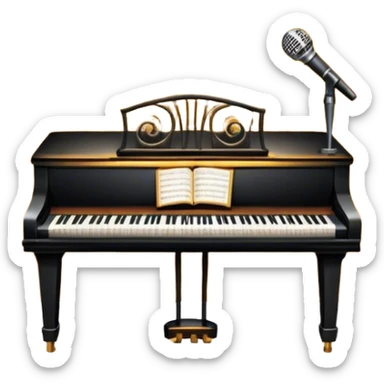 Icon for 50s American Musical Theater: a retro stage with neon lights, a classic microphone, musical notes, vintage theater curtains, and Broadway-style elements. Avoid focusing solely on the piano. Transparent background. sticker