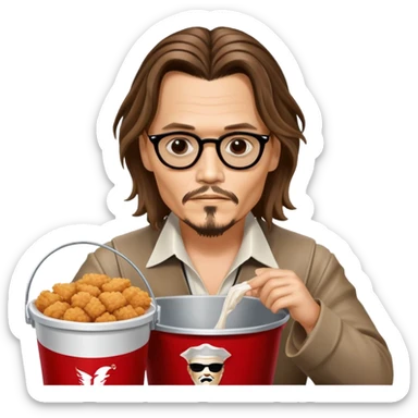 Johnny Depp sitting in a KFC bucket, long hair, goatee sticker
