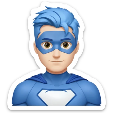 Emoji of a friendly, clean-shaven man with blue hair, wearing a minimalist blue and white superhero suit with broad shoulders. The suit has a large blank area on the chest for a logo, uses only blue and white colors, and has minimal details. Image is cropped at the chest level. Cheerful expression. sticker