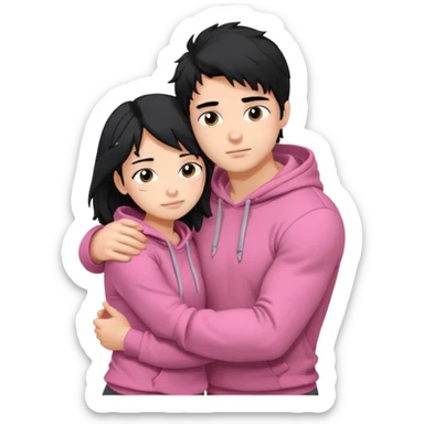 generate a pretty bratz fair skinned boy with messy black hair in a grey hoodie. Hugging his girlfriend who is wearing pink. Make him muscled. Boy in grey hoodie, girl in pink sticker
