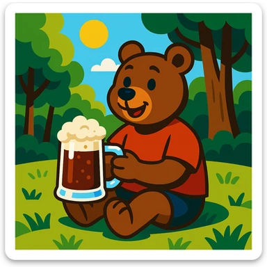 cartoon bear in a red t-shirt sitting on grass in a sunny forest clearing on a clear summer day, holding a glass mug of kvass with foam sticker
