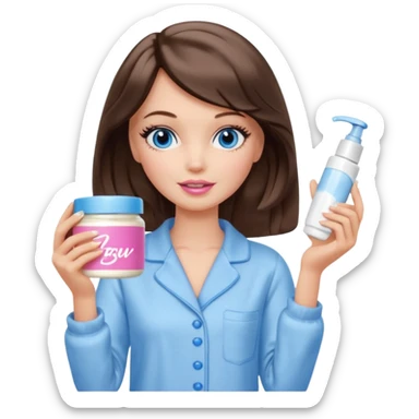 Barbie girl with makeup, blue eyes , and bob long haircut wavy, short brown hair in creamy color pajamas, face cream in hand sticker