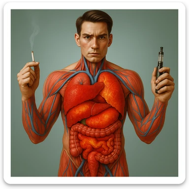 Create an identical copy of the reference image: hyperrealistic 4K medical illustration of a realistic human anatomical body, highlighting inflamed liver and intestines, a man holding a lit cigarette in his right hand and an electronic cigarette in his left hand, in the exact style of the reference image. sticker