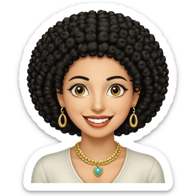 30 year old iranian woman very short curly black hair, big brown eyes, tanned skin, big smile, white teeth, pretty, afro sticker