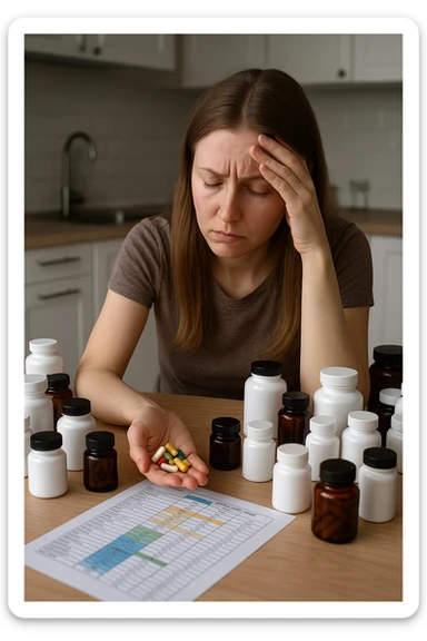 a woman in her 30s sits at her kitchen table, surrounded by dozens of supplement bottles, powders, and pills. She looks anxious and fatigued, with her head resting in one hand while the other holds a handful of colorful capsules. On the table, a nutrition chart is ignored, and her skin appears slightly dull or stressed. The mood is cautionary and educational. in italiano sticker