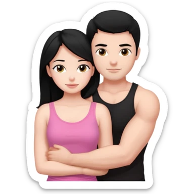 a pretty bratz fair girl. black hair, wearing a pink cami top, she is hugging a handsome fair guy with black hair. lean but muscular.the boy is wearing a black tshirt sticker