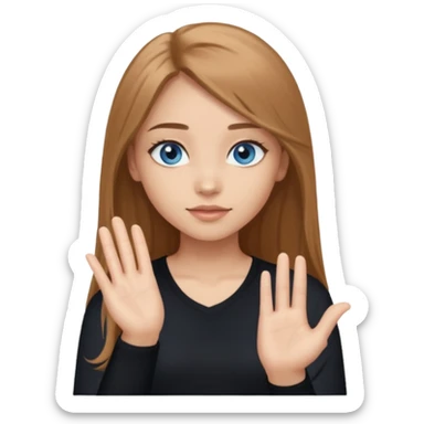 A girl with long eyelashes, long light brown hair, blue eyes, with her palm up. with black undershirt sticker