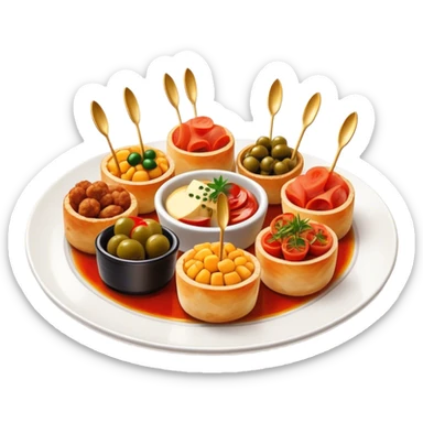 Tapas (4 Pintxos) Cinematic Realistic Tapas Dish Emoji, depicted as an assortment of 4 pintxos elegantly arranged on a plate, rendered with lifelike textures and vibrant, inviting lighting. sticker