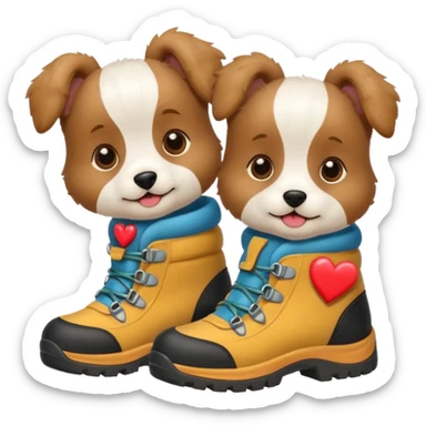 2 puppies with hiking boots on and a heart  sticker