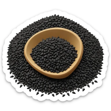 small scattered heap of tiny matte black seeds with irregular triangular shapes and slightly rough texture, loose organic pile with a few seeds dispersed around the base, no bowl or extras, apple emoji style, soft lighting, subtle shadows, transparent background, emoji scale sticker