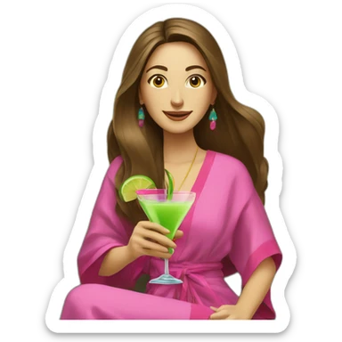Caucasian woman with long brown hair sitting on a brown couch in front of a light green wall in a colorful caftan holding a pink cocktail sticker