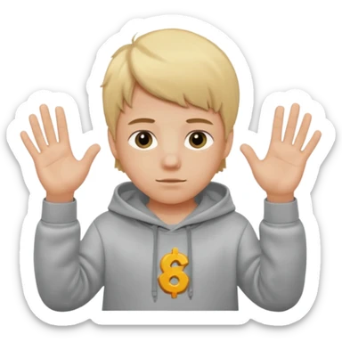 Emoji of a kid with blonde hair and a grey hoodie holds a six in his left hand and a seven in his right sticker