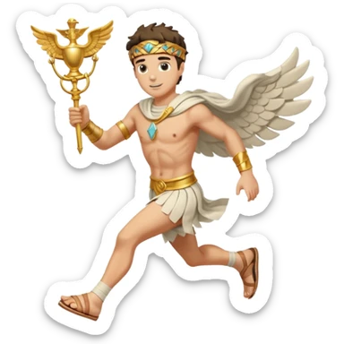 a guy (hermes) running with his caduceus and a petasos on his head (winged helmet) sticker
