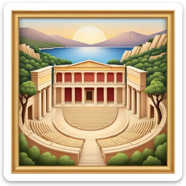 Cinematic Realistic Theatre of Epidaurus Landmark Emoji, depicted as a classical open‚Äêair theatre nestled in nature rendered with soft textures and serene, historical lighting. sticker