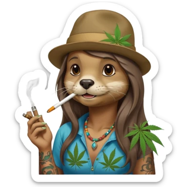 a female otter with long hair smoking a joint surrounded by marijuana fumes. a bit california hippy vibe, with tattoos sticker