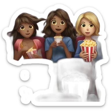 three beautiful anime ladies watching movie at the cinema eating popcorn, dark background sticker