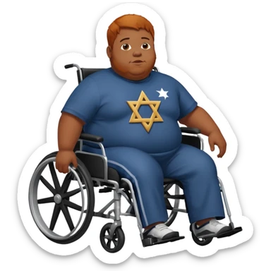 Obese Down syndrome black man with ginger hair in a wheelchair with a Jewish symbol  sticker