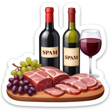 SPAM MEAT charcuterie with fruit and a bottle of wine sticker