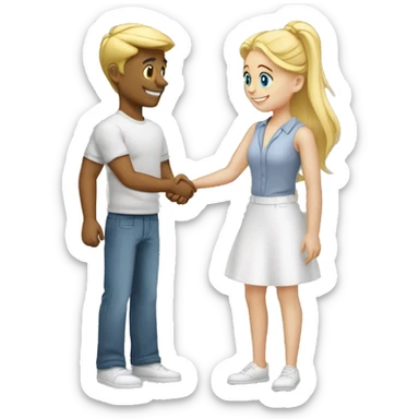 A 40-year-old fair-skinned entrepreneur shakes hands with an 18-year-old fair-skinned blonde girl, full-length emoji sticker