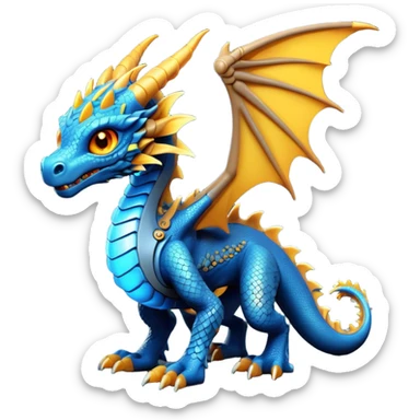 A charming little cybernetic dragon with glowing blue and yellow scales, with intricate mechanical details visible on its body. It has large, expressive dark orange eyes and small, developing wings. The dragon stands on a smooth gray-blue surface with a dark blue defocused background
 sticker