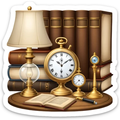 Icon for Antiques Collecting: a vintage pocket watch, an old ornate lamp, and a porcelain figurine, all placed on a wooden table surrounded by aged books and a magnifying glass. The icon should evoke the elegance and history of antique collecting. Transparent background. sticker